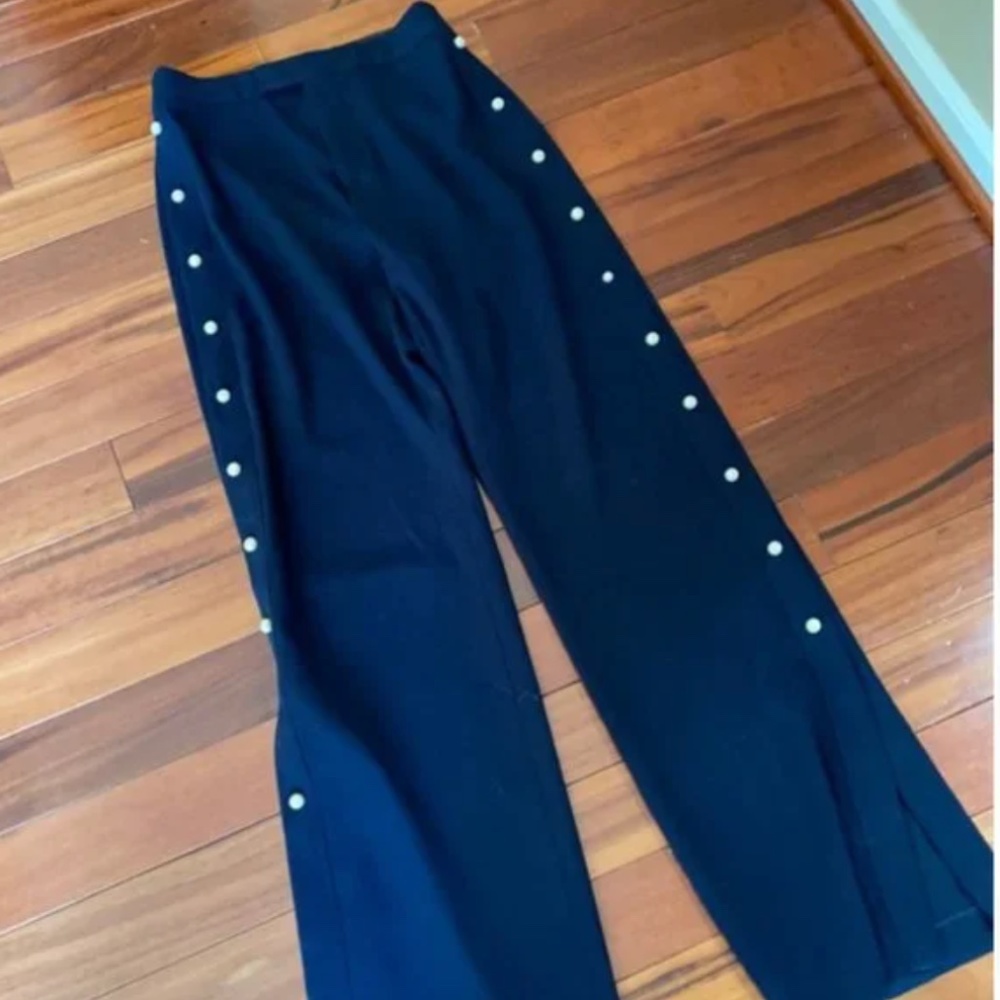 Zara Navy High Waist Pearl Button Slit Pants